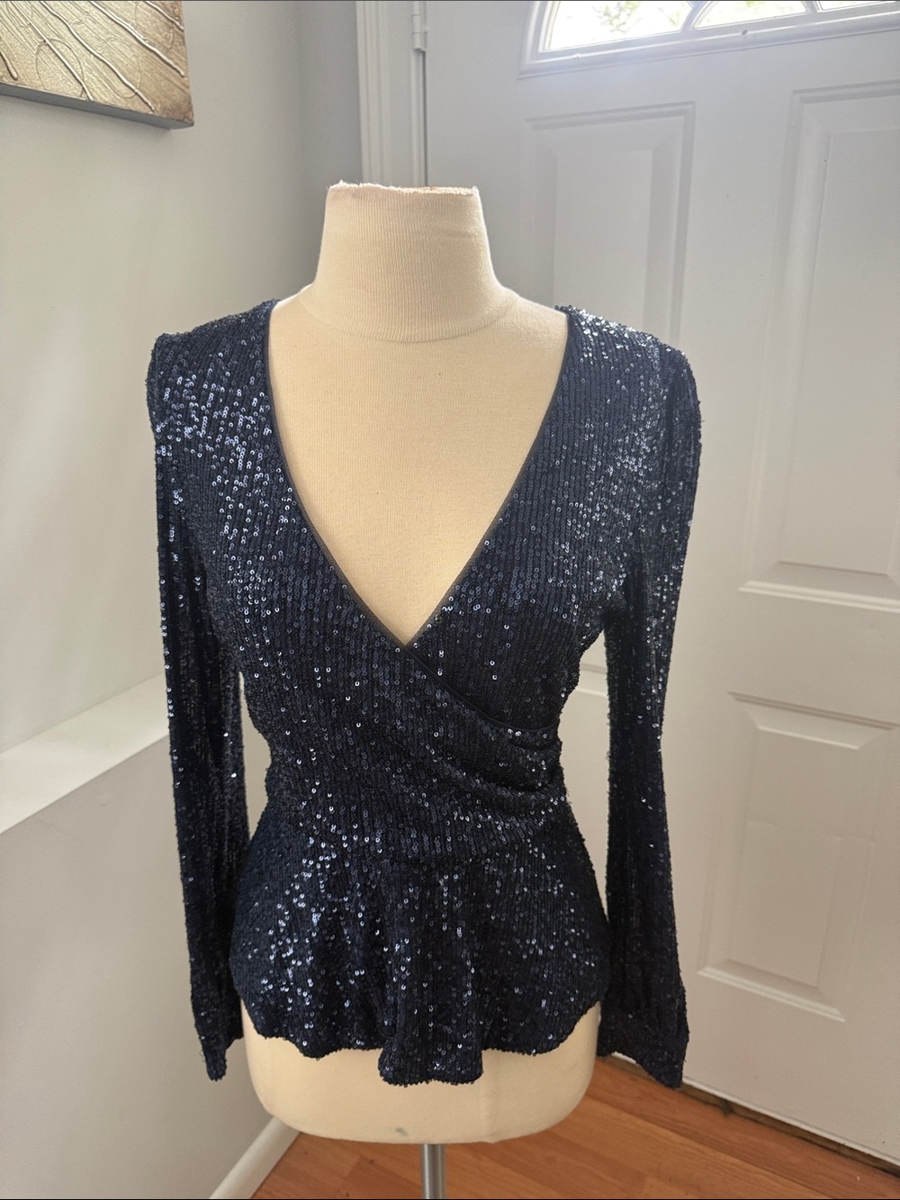Parker Navy Sequin Wrap Peplum Long Sleeve Top